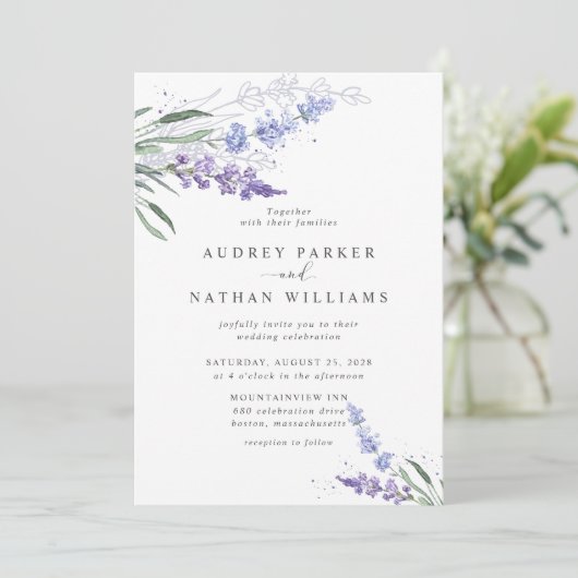 Romantic Watercolor Lavender QR Code Wedding Kaart (Staand voorkant)