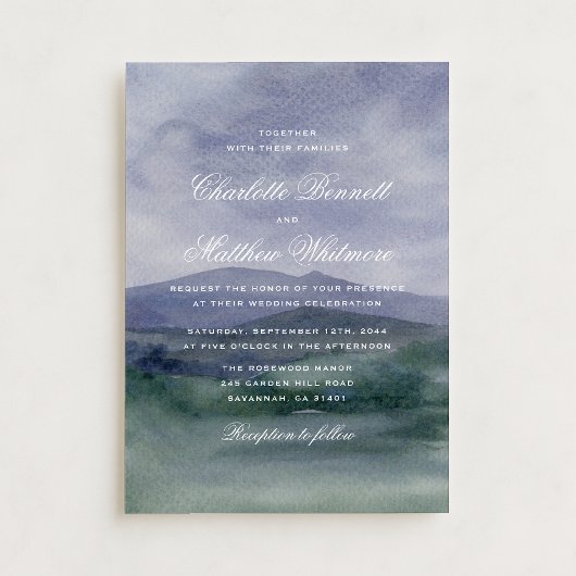 Romantic Watercolor Mountain Wedding Invitation Kaart