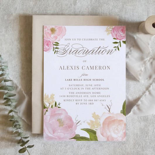 Romantic Watercolor Peonies Graduation Invitation Kaart