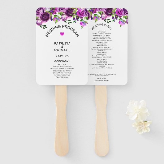 Romantic Watercolor Pink Floral Wedding  Program Handwaaier (Voorkant en achterkant)