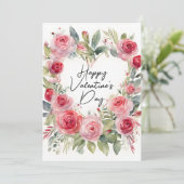 Romantic Watercolor Pink Rose Heart Valentine Card Kaart (Staand voorkant)