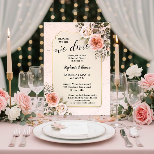 Romantic Watercolor Roses Rehearsal Dinner Kaart
