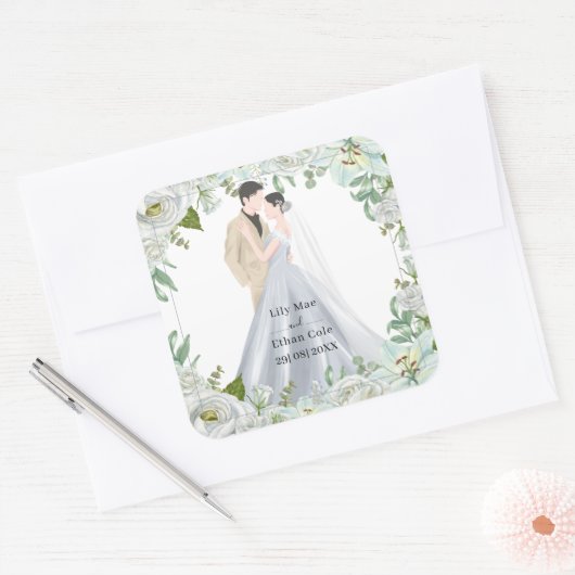 Romantic Watercolor Wedding Vierkante Sticker (Envelop)