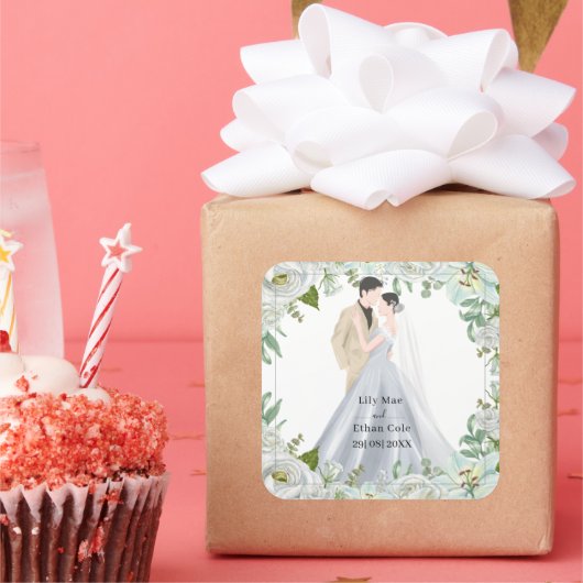 Romantic Watercolor Wedding Vierkante Sticker (Feest)