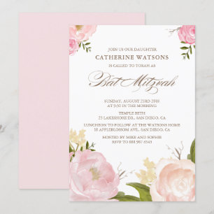 Romantic Waterverf Flowers Bat Mitzvah Uitnodiging