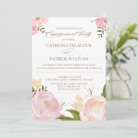 Romantic Waterverf Flowers Verloving Uitnodiging (Staand voorkant)