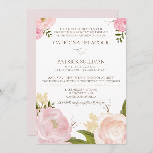 Romantic Waterverf Flowers Wedding Invitation V Kaart (Voorkant / Achterkant)