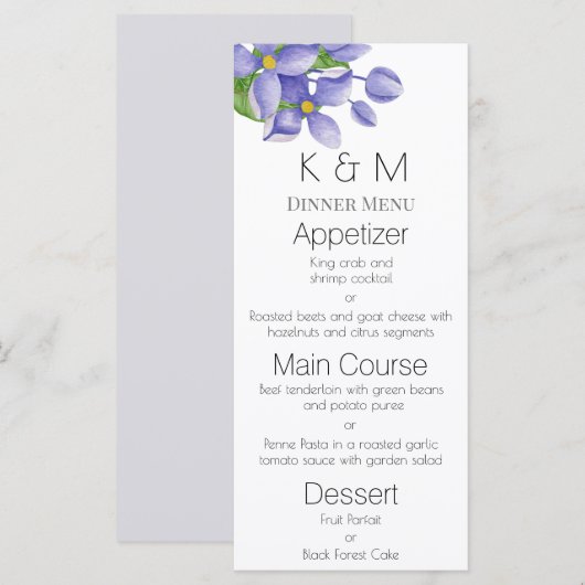 Romantic Waterverf Lilacs Wedding Menu (Voorkant / Achterkant)