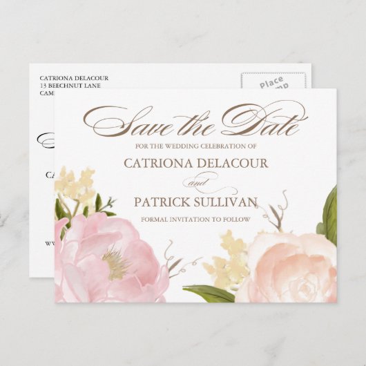 Romantic Waterverf Peonies Save the Date Briefkaar Aankondigingskaart (Voorkant / Achterkant)