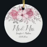 Romantic Waterverf Pink Florals de heer & Mrs Wedd Keramisch Ornament<br><div class="desc">Voor bruiloft</div>