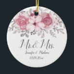 Romantic Waterverf Pink Florals de heer & Mrs Wedd Keramisch Ornament<br><div class="desc">Voor bruiloft</div>