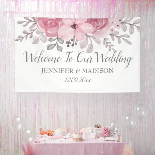 Romantic Waterverf Pink Florals de heer & Mrs Wedd Spandoek (Feest)