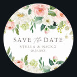 Romantic Waterverf Spring Bloom Save the Date Ronde Sticker<br><div class="desc">Romantic Waterverf Spring Bloom sparen de Datum Klassieke Sticker | ,  behalve de datum waarop de sticker met de waterverf van witte en perzikkleurige rozen en peren met foliageaccenten is voorzien. Deze floral save the date sticker is perfect voor lente- en tuinbruiloften.</div>