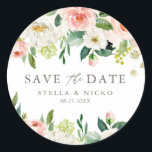 Romantic Waterverf Spring Bloom Save the Date Ronde Sticker<br><div class="desc">Romantic Waterverf Spring Bloom sparen de Datum Klassieke Sticker | ,  behalve de datum waarop de sticker met de waterverf van witte en perzikkleurige rozen en peren met foliageaccenten is voorzien. Deze floral save the date sticker is perfect voor lente- en tuinbruiloften.</div>