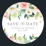 Romantic Waterverf Spring Bloom Save the Date Ronde Sticker<br><div class="desc">Romantic Waterverf Spring Bloom sparen de Datum Klassieke Sticker | ,  behalve de datum waarop de sticker met de waterverf van witte en perzikkleurige rozen en peren met foliageaccenten is voorzien. Deze floral save the date sticker is perfect voor lente- en tuinbruiloften.</div>