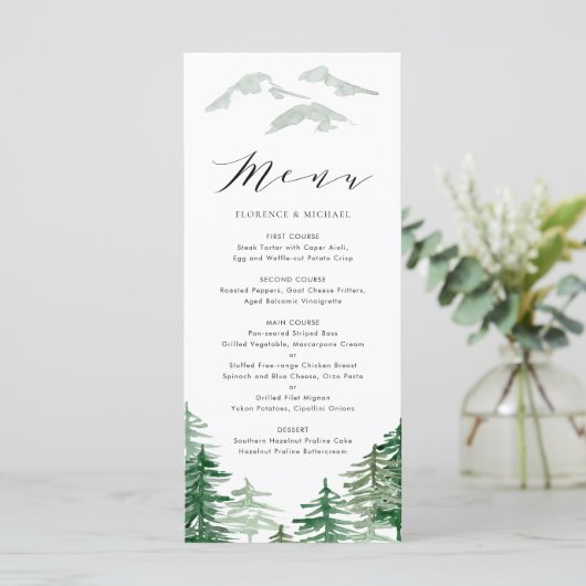 Romantic Waterverf Woodland Wedding Menu Kaart (Staand voorkant)