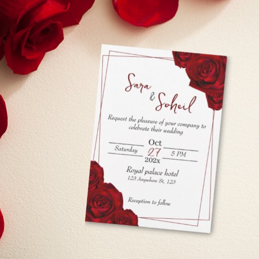 Romantic Wedding Invitations with Red Roses Kaart