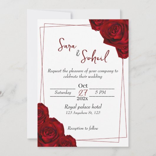 Romantic Wedding Invitations with Red Roses Kaart (Voorkant)