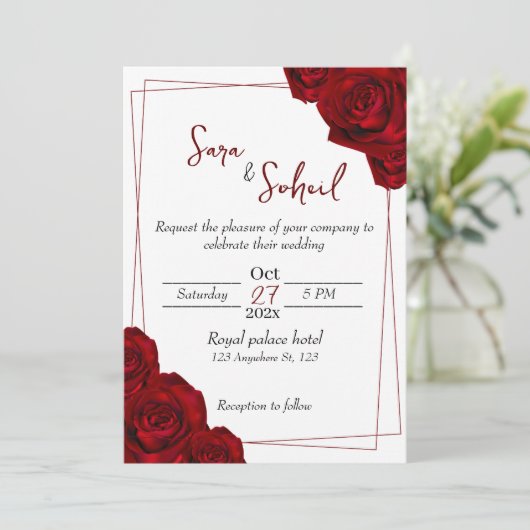 Romantic Wedding Invitations with Red Roses Kaart (Staand voorkant)