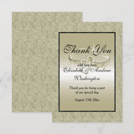 Romantic Wedding Rings, Gold Glitter Wedding Bedankkaart (Voorkant / Achterkant)