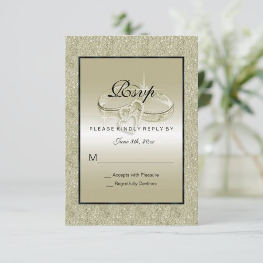 Romantic Wedding Rings, Gold Glitter Wedding RSVP Kaartje (Staand voorkant)