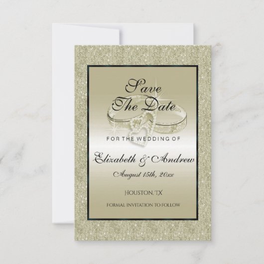Romantic Wedding Rings, Gold Glitter Wedding Save The Date (Voorkant)