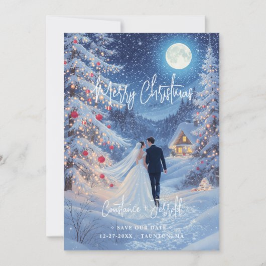 Romantic Wedding Scene Toward Christmas Cabin Save The Date (Voorkant)