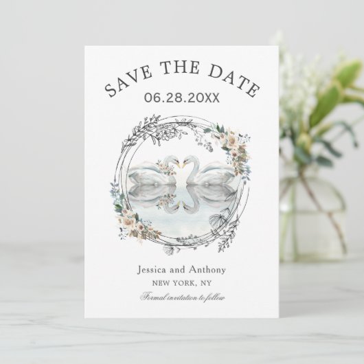 Romantic Wedding Swans Save the Date (Staand voorkant)