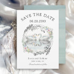 Romantic Wedding Swans Save the Date<br><div class="desc">Een romantische bruiloft Save the Date kaart perfect voor de lente, zomer of herfst bruiloften met een paar witte zwanen tegenover elkaar. Een mooie waterverf geschetst en bloemenkrans omringt de zwanen met pastelkleurige rozen in gemengde kleuren en achterliggend groen in saliegroen. Personaliseer met uw gegevens door de gebruiksvriendelijke tekst-sjabloon te...</div>