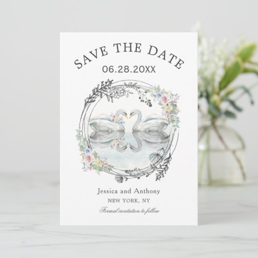 Romantic Wedding Swans Save the Date (Staand voorkant)