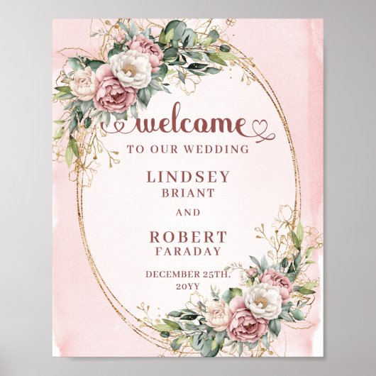 Romantic Wedding Welcome Blush Floral Greenery Poster (Voorkant)