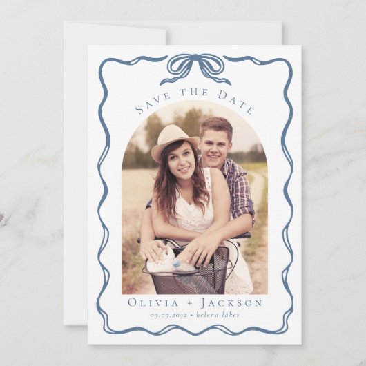 Romantic Whimsical Coquette Bow Blue Photo Save The Date (Voorkant)