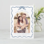 Romantic Whimsical Coquette Bow Blue Photo Save The Date (Staand voorkant)