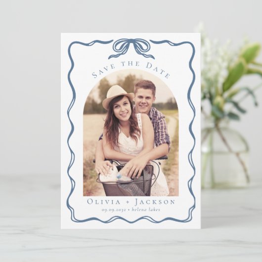 Romantic Whimsical Coquette Bow Blue Photo Save The Date (Staand voorkant)