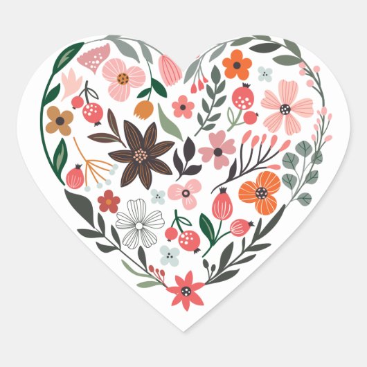 Romantic, Whimsical Flowers Heart Hart Sticker (Voorkant)