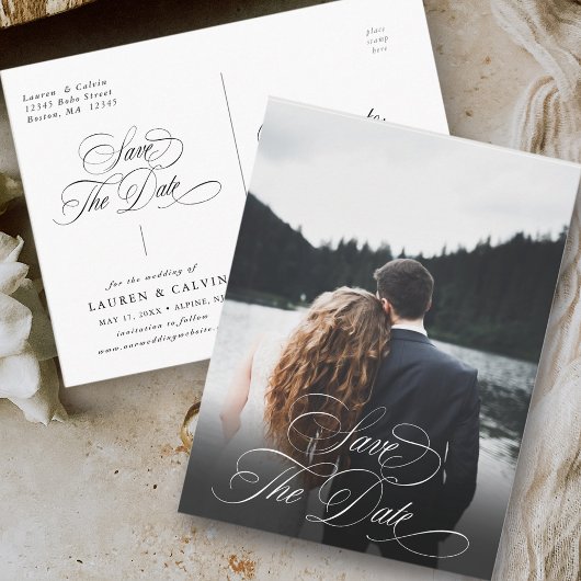 Romantic White Calligraphy Photo Save the Date Briefkaart