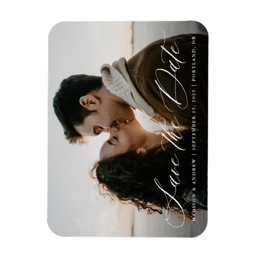 Romantic White Calligraphy Photo Save the Date Magneet (Verticaal)