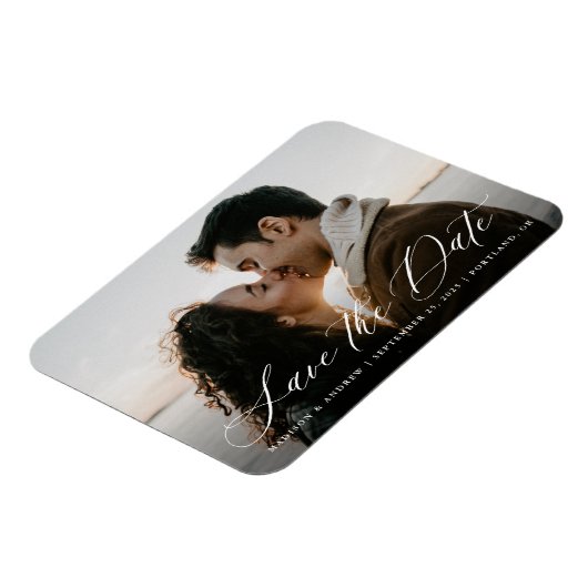 Romantic White Calligraphy Photo Save the Date Magneet (Linkerzijde)