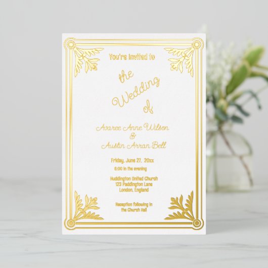 Romantic White en Gold Foil Lijst Folie Uitnodiging (Staand Voorkant)