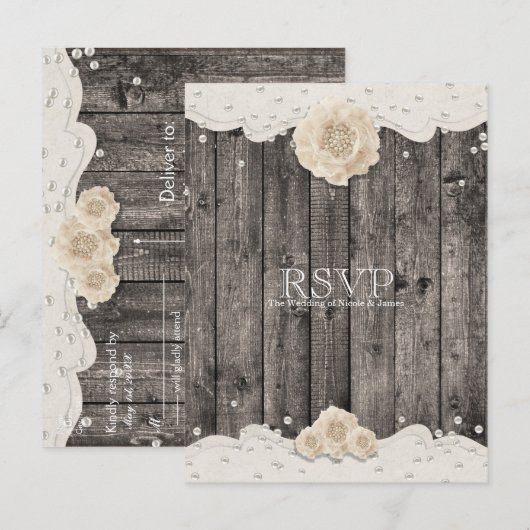 Romantic White Flower & Pearls Rustic Wood RSVP Uitnodiging Briefkaart (Voorkant / Achterkant)