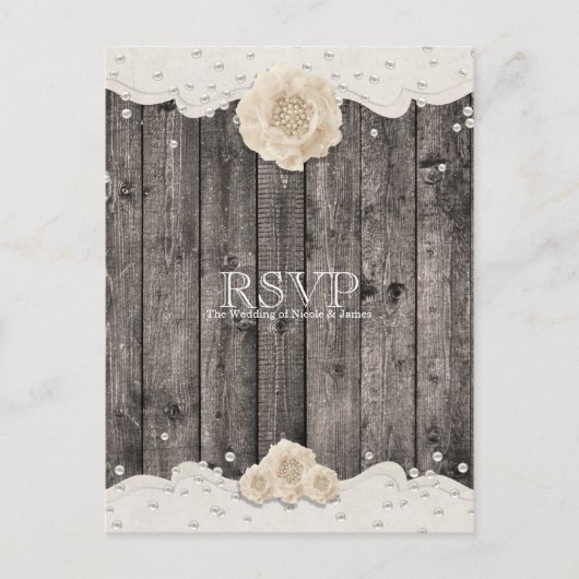 Romantic White Flower & Pearls Rustic Wood RSVP Uitnodiging Briefkaart (Voorkant)