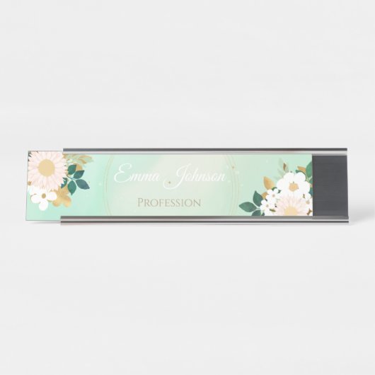 Romantic White Flowers Mint Waterverf Design Bureau Naambordje (Voorkant)