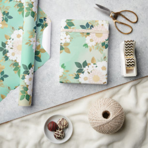 Romantic White Flowers Mint Waterverf Design Cadeaupapier