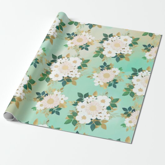 Romantic White Flowers Mint Waterverf Design Cadeaupapier (Uitgerold)