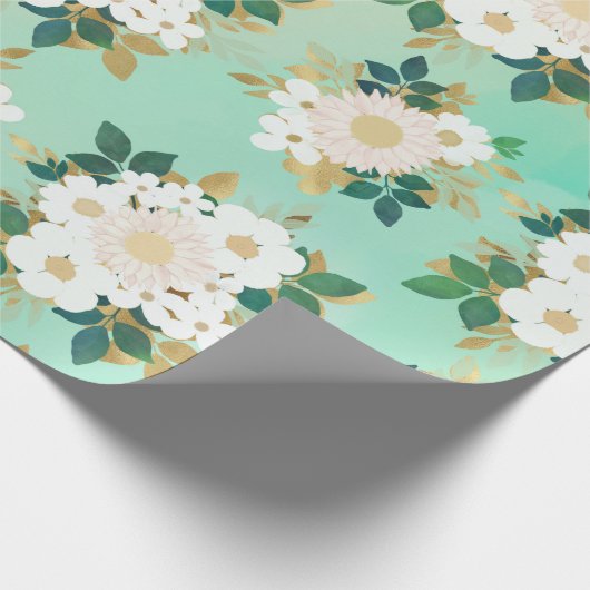 Romantic White Flowers Mint Waterverf Design Cadeaupapier (Hoek)