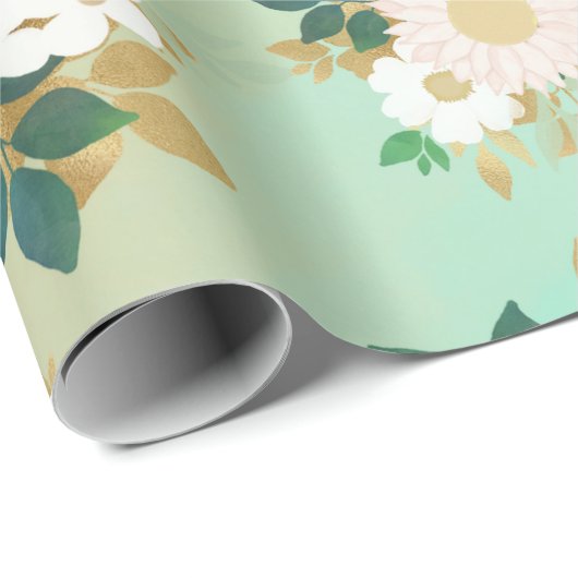 Romantic White Flowers Mint Waterverf Design Cadeaupapier (Rol Hoek)