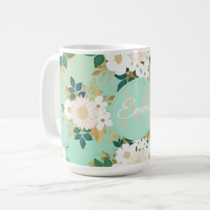 Romantic White Flowers Mint Waterverf Design Koffiemok