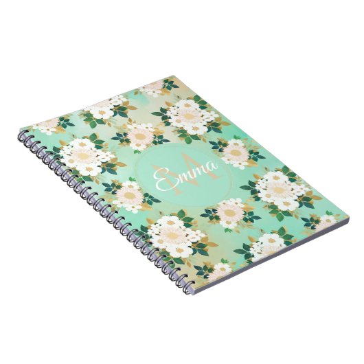 Romantic White Flowers Mint Waterverf Design Notitieboek (Rechterzijde)