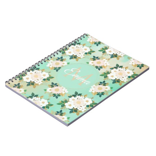 Romantic White Flowers Mint Waterverf Design Notitieboek (Linkerzijde)