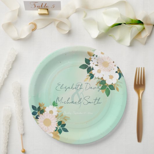 Romantic White Flowers Mint Waterverf Design Papieren Bordje (Huwelijk)